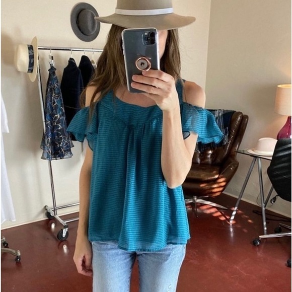 Maeve Anthropologie Sz 8 Cold Shoulder Flutter Blouse Top m Turquoise Teal Women - Picture 1 of 9